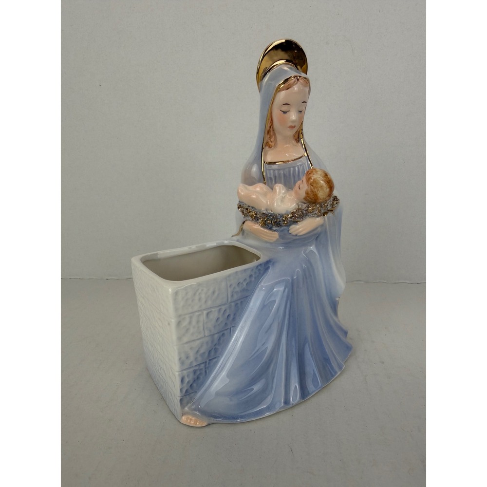 Relpo Madonna Child Planter 1959 Vintage‎ Blue Gold Ceramic Figurine Japan